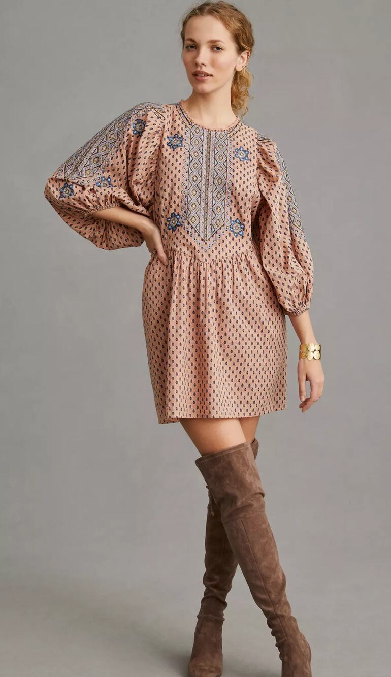 Anthropologie Embroidered Tunic Mini Dress Womens Size Large Boho Floral